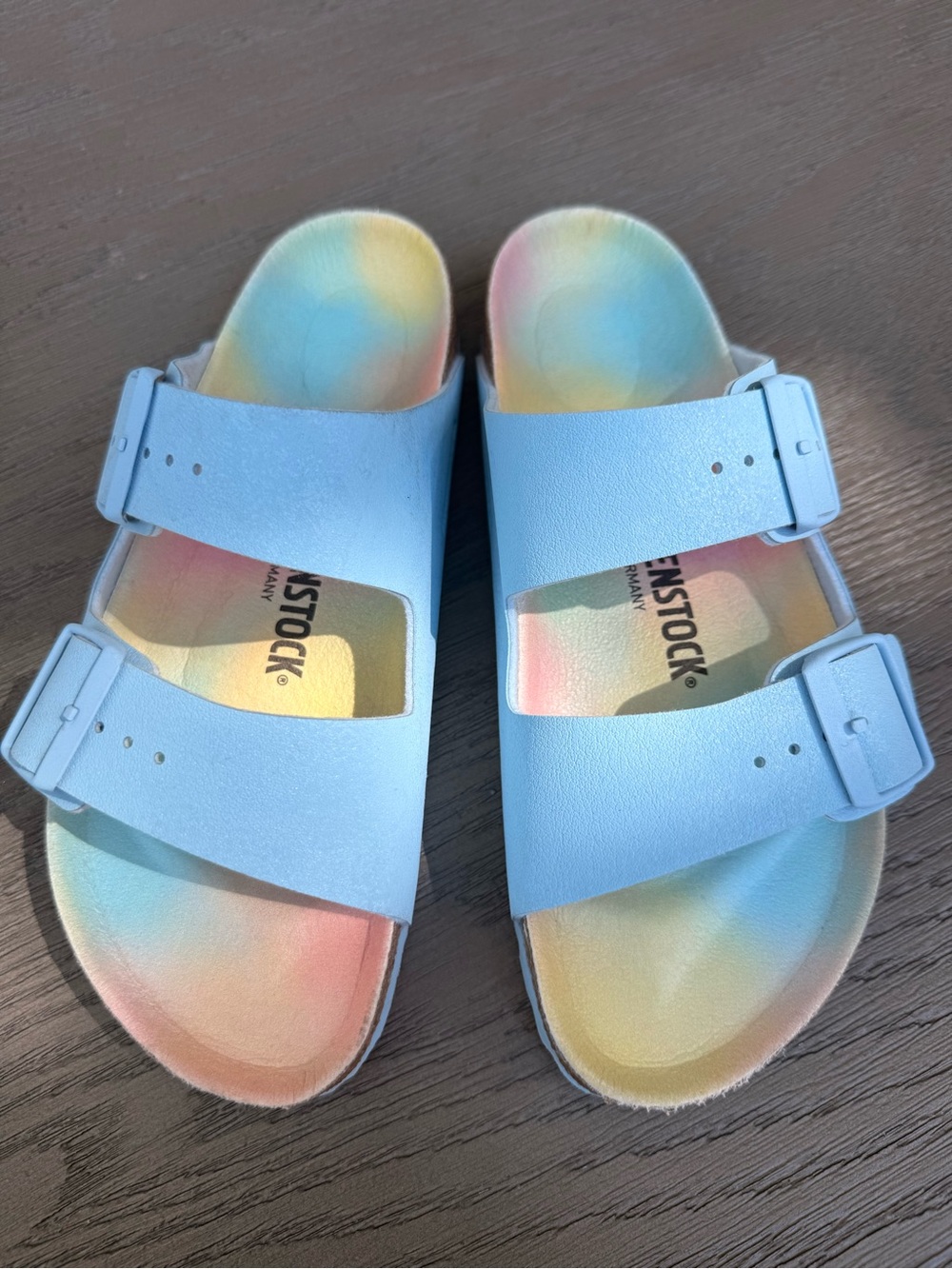 Birkenstock Light Blue Double-Strap Sandals with Pastel Tie-Dye Footbed